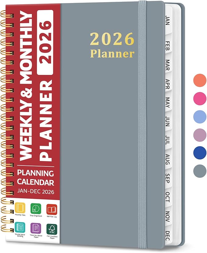 2026 Planner, Weekly and Monthly Calendar Planner, January 2026 - December 2026, Hardcover 2026 Calendar Planner Book with Tabs For Women & Men, Inner Pocket, Spiral Bound, Perfect for Office Home School Supplies - A5 (6.3" x 8.5"), Stone Gray