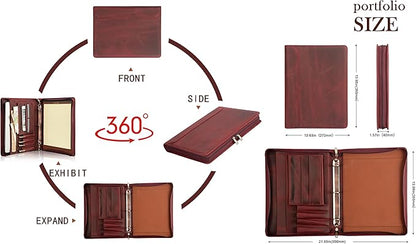 AZXCG Leather Portfolio Organizer, 3 Ring Binder Padfolio Folder, Resume Zippered Folio for A4/Letter Size Notepad, Business Binder Portfolio with Zipper for 13" Laptop, Gift for Women, Red
