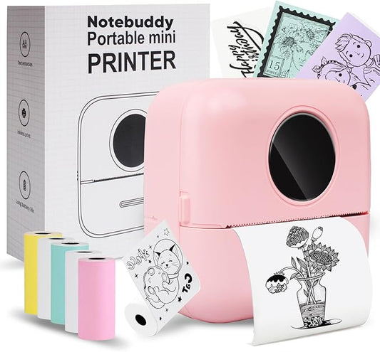 BRONA Notebuddy Mini Portable Printer, Bluetooth Smart Pocket Inkless Thermal Printer with 5 Roll Papers for Journal/DIY Scrapbook/Travel/Notes/Lists/Label/Memo, Receipt Printer for iOS&Android