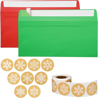100 Pieces Number 10 Envelopes Gift Card Envelopes with 200 Pieces Christmas Kraft Snowflake Stickers Valentine's Day Stickers for Festive Letters Holiday Mail Gift Supplies (Simple Style)