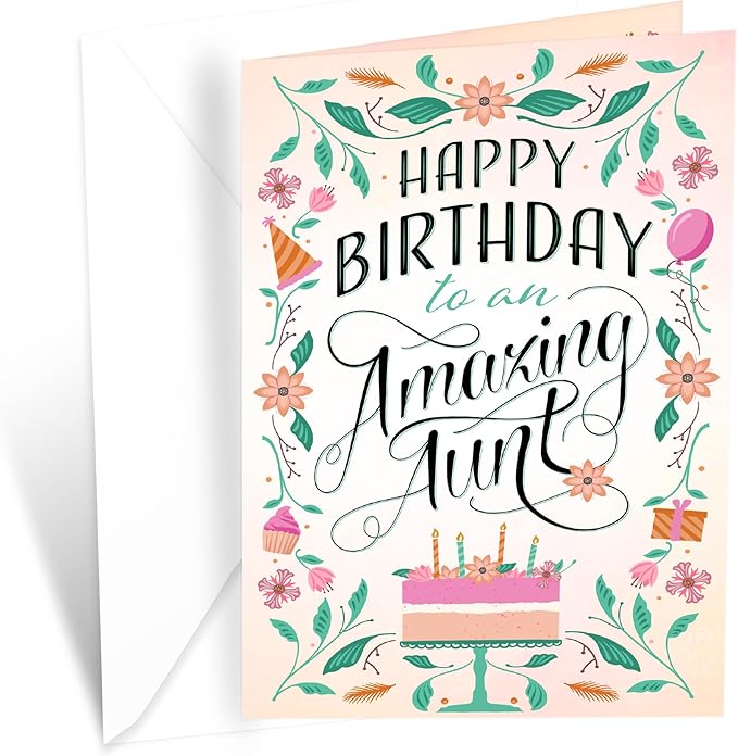 Prime Greetings Happy Birthday Card For Aunt, Made in America, Eco-Friendly, Thick Card Stock with Premium Envelope 5in x 7.75in, Packaged in Protective Mailer