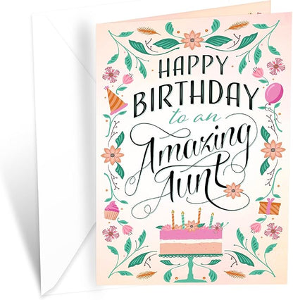 Prime Greetings Happy Birthday Card For Aunt, Made in America, Eco-Friendly, Thick Card Stock with Premium Envelope 5in x 7.75in, Packaged in Protective Mailer