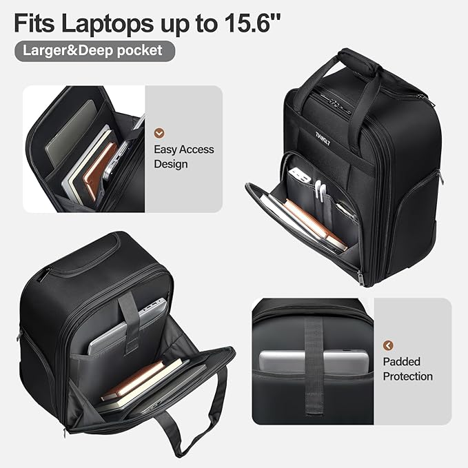 Multi-functional 16-Inch Underseat Carry on Luggage With Wheels Softside Lightweight Compact Travel Business Suitcase bag for Pilots and Crew,Black