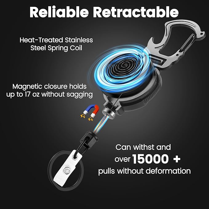 2 Pack Retractable Keychain Heavy Duty Carabiner Badge Holder with Magnetic Closure, Tactical ID Badge Reel for Men with 32” Steel Retractable Cord, Bearing 17 OZ