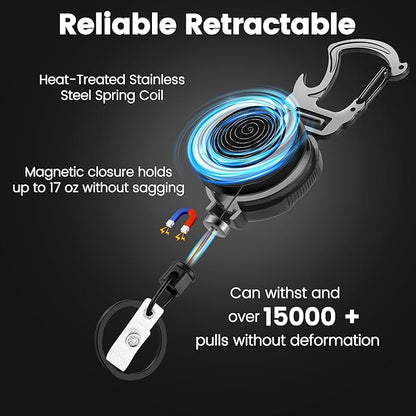 2 Pack Retractable Keychain Heavy Duty Carabiner Badge Holder with Magnetic Closure, Tactical ID Badge Reel for Men with 32” Steel Retractable Cord, Bearing 17 OZ