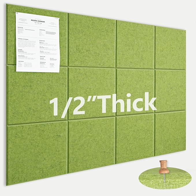 Large Cork Board for Office Wall Decor,48"x36"-12 Pack Felt Wall Tiles with 35 Push Pins, Thicker 0.47in, Felt Bulletin Board Pin Board Cork Boards for Walls - Matcha Green