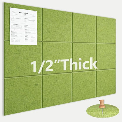 Large Cork Board for Office Wall Decor,48"x36"-12 Pack Felt Wall Tiles with 35 Push Pins, Thicker 0.47in, Felt Bulletin Board Pin Board Cork Boards for Walls - Matcha Green