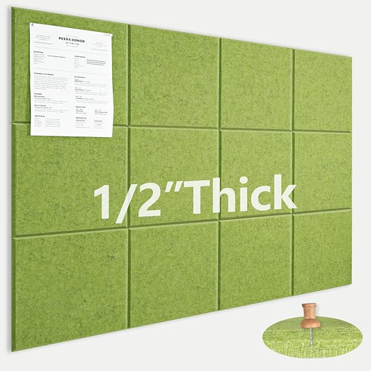 Large Cork Board for Office Wall Decor,48"x36"-12 Pack Felt Wall Tiles with 35 Push Pins, Thicker 0.47in, Felt Bulletin Board Pin Board Cork Boards for Walls - Matcha Green