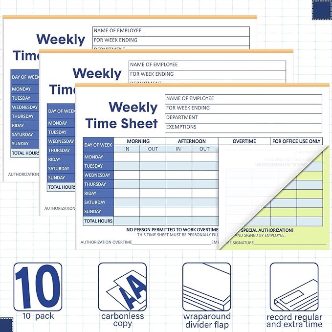 Lincia 10 Pcs Time Sheets for Employees Weekly Format 8.5 x 5.5 Inch Daily Time Cards Time Sheet Log Book for Employee Office Business Schedule Planner Work Record Supplies, 100 Sheets Per Pad