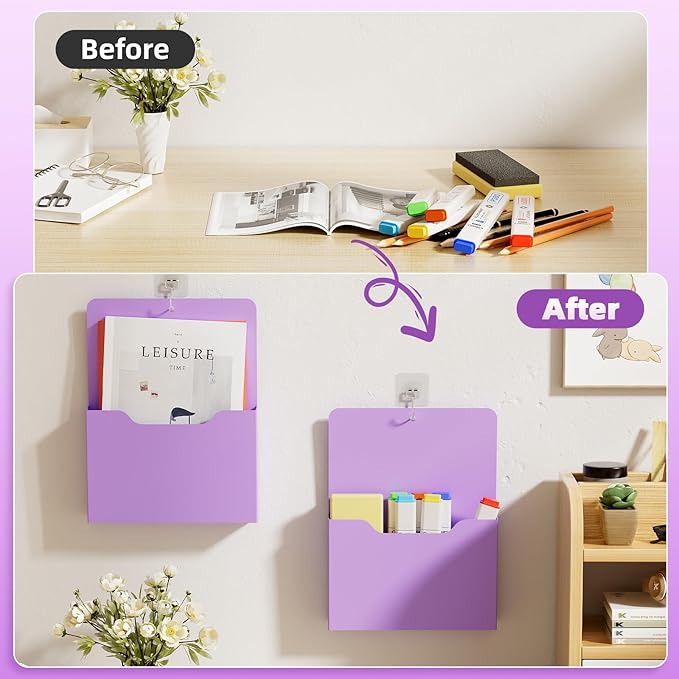Magnetic File Holder - Magnetic Paper Holder, Pocket Organizer Office Supplies Storage Mail Organizer for Notebooks,Planners,Letter (Purple)