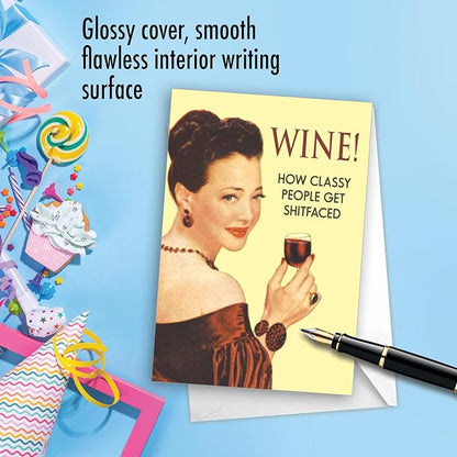 NobleWorks - 1 Funny Vintage Birthday Card - Hilarious Retro Greeting, Grown-Up Humor for Happy Birthdays - Wine Ephemera 0830