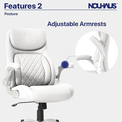 Nouhaus +Posture Ergonomic PU Leather Office Chair. Click5 Lumbar Support with FlipAdjust Armrests. Modern Executive Chair and Computer Desk Chair (White)