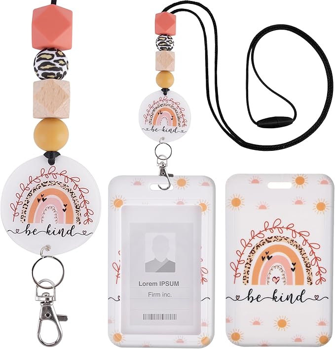 Teacher Lanyard with ID Holder, Boho Rainbow Sun Print Be Kind Cute Badge Holder with Beaded Adjustable Lanyard, Gifts for Teachers Students