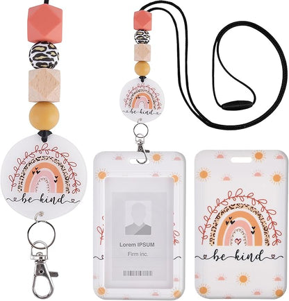 Teacher Lanyard with ID Holder, Boho Rainbow Sun Print Be Kind Cute Badge Holder with Beaded Adjustable Lanyard, Gifts for Teachers Students