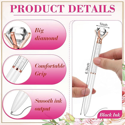 Sherr 100 Pack Big Crystal Diamond Pens Cute Ballpoint Pens Retractable Ballpoint Rhinestones Crystal Bling Gem Plated Black Gel Ink Office Supplies Gifts for Women(White,Glitter)