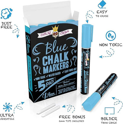 CHALKY CROWN Liquid Chalk Marker Pen - Dry Erase Marker - Chalk Markers for Chalkboard Signs, Windows, Blackboard, Glass - 6mm Reversible Tip (Blue, 5 Pack)