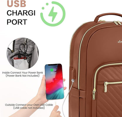 LOVEVOOK Leather Backpack for Women,15.6 inch Leather Laptop Backpack Women Computer Backpack Laptop Bag,Stylish Quilted Travel Backpack Purse Work Bag College Teacher Backpack with USB Port,Brown