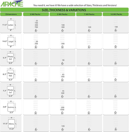 Apache Laminating Pouches 3 mil, for 8.5 x 11 inch Letter Size Paper 9 x 11.5 inch Sheets, 300 Pack