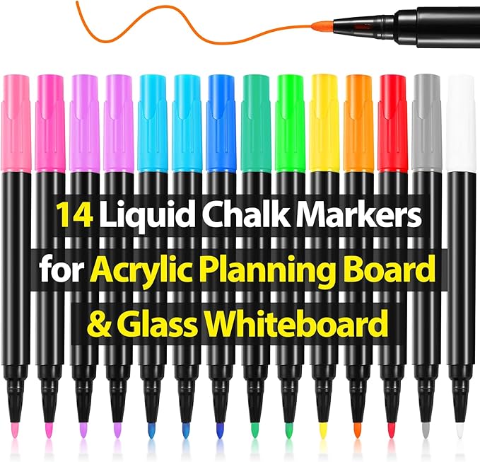 Liquid Chalk Markers for Acrylic Calendar Planning Board Clear Glass Dry Erase Board Whiteboard Window Mirror Christmas Halloween Painting, 14 Pack, 12 Vibrant Colors, 1mm Fine Points, Easy Wet Erase