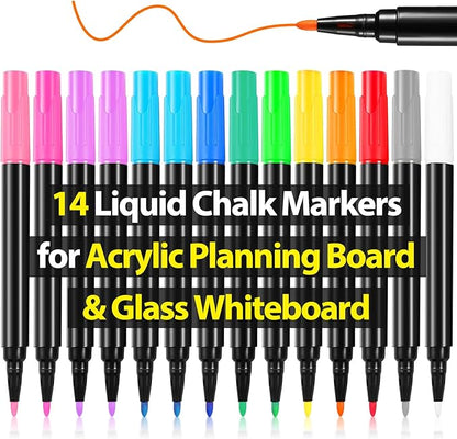 Liquid Chalk Markers for Acrylic Calendar Planning Board Clear Glass Dry Erase Board Whiteboard Window Mirror Christmas Halloween Painting, 14 Pack, 12 Vibrant Colors, 1mm Fine Points, Easy Wet Erase