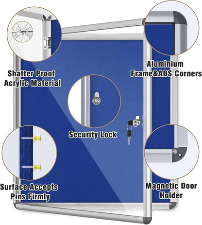 28"x26" Enclosed Bulletin Board, Lockable Weather-Resistant Aluminum Cork Noticeboard for School & Office, Silver Frame w/Blue Flet