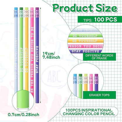 Epakh 100 Pcs Inspirational Pencils Color Changing Pencils Bulk with Eraser HB Wooden Pens Gift for Kids Students Classroom Christmas Party(Bright Colors,Classic Style)