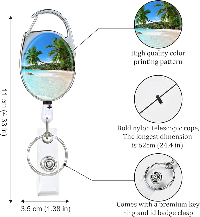 Coconut Tree Retractable Badge Holders - Double Sided Color Print Pattern, with Retractable Keychain, Badge Clip and Key Ring, Durable Nylon Rope