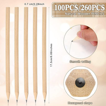 Fumete 260 Pieces Wooden Pencils Bulk No Eraser Hexagonal HB Graphite Unsharpened Natural Wood Pencils Without Erasers for Classroom School Home Office Drawing Sketching Learning