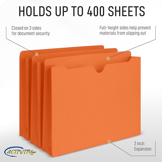 Orange File Jackets, 2 Inch Expansion, Letter Size, Reinforced Straight-Cut Tab, 6 Pack