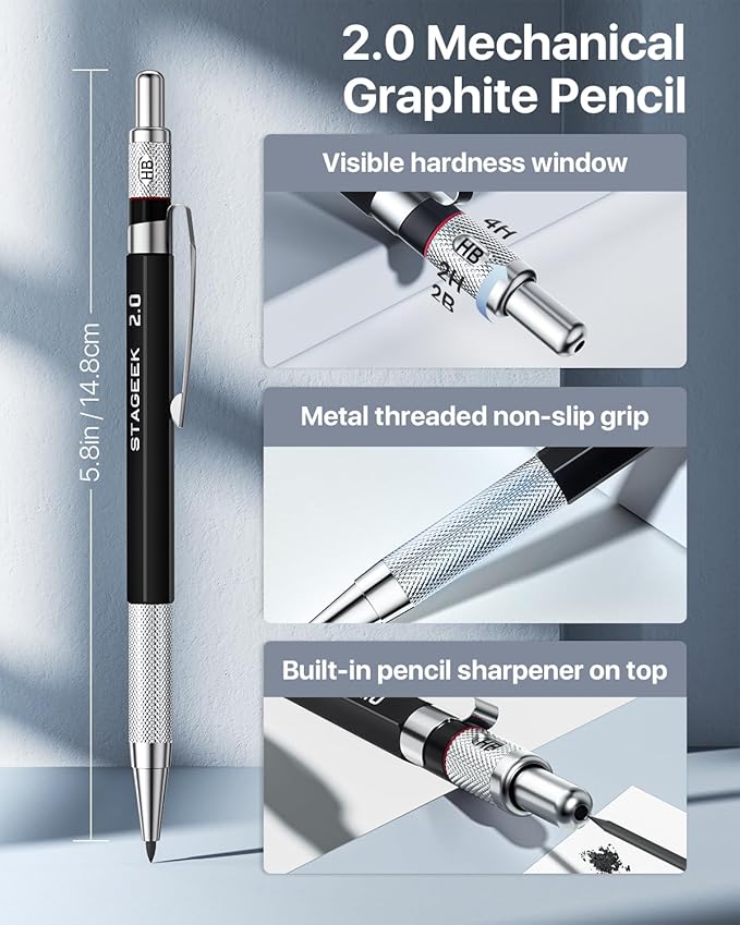 37PCS Art Mechanical Pencil Set, Drafting Pencil 5 Sizes- 0.3, 0.5, 0.7, 0.9MM & 2PCS 2.0MM Mechanical Drawing Pencils with 492PCS Leads (6B 4B 2B HB 2H 4H Color) for Artist Sketching Drawing