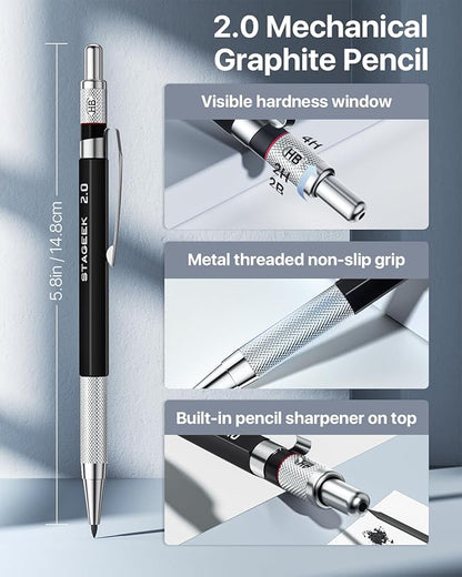 37PCS Art Mechanical Pencil Set, Drafting Pencil 5 Sizes- 0.3, 0.5, 0.7, 0.9MM & 2PCS 2.0MM Mechanical Drawing Pencils with 492PCS Leads (6B 4B 2B HB 2H 4H Color) for Artist Sketching Drawing