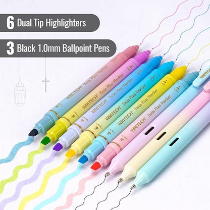 WRITECH Bible Mate Journaling Set: No Bleed Aesthetic Highlighters & 1.0 mm Black Ballpoint Pens, Bible Safe Dual Tip Highlighters, Pastel Colors, Fast-drying Ink, Bible Journaling Kit, 9ct