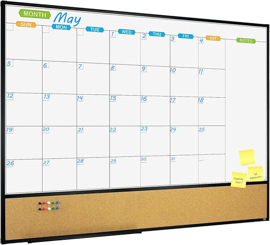 JILoffice Magnetic Calendar Whiteboard & Bulletin Corkboard Combination, Combo Board 48 x 36 Inch, Black Aluminum Frame Wall Mounted Board for Office Home and School with 10 Push Pins