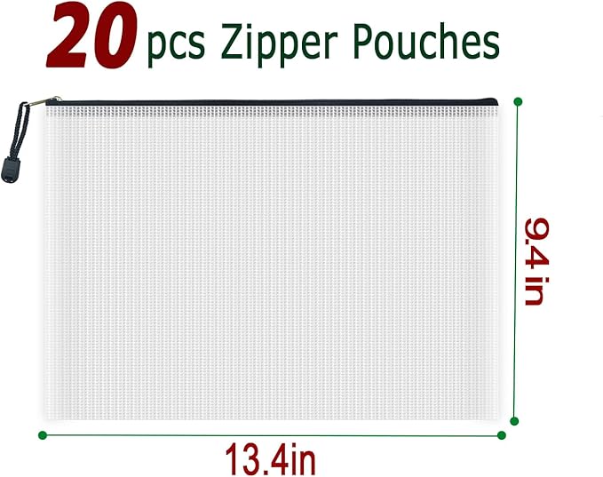 AUSTARK 20 Pcs Zipper File Bags, Plastic Mesh Pouch, Board Game Storage Bag, Waterproof Bags for Office School (A4 Size 13.4''x9.4'', White and Black)