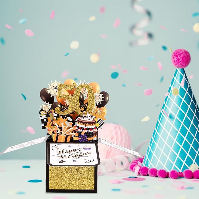 Happy 50th Birthday Pop-Up Card, Colorful Birthday Gift Card Happy Birthday 3D Cards with Envelopes Cool Birthday Pop up Box for Men Women
