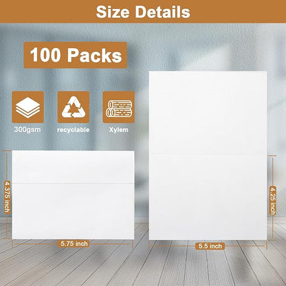 100 Packs White Blank Note Cards and Envelopes 4.25 x 5.5 Heavyweight Folded Cardstock and A2 Envelopes Printable Self Seal for Greeting Cards, Wedding Invitations, Thank You Cards, Party