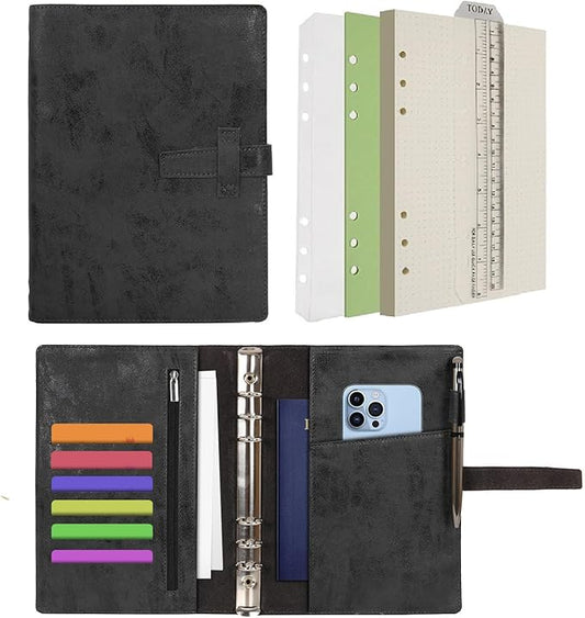 Wonderpool Leather Journal Refillable Binder A5 Writing Notebook Folder Organiser with Dotted Paper & Multi Pockets Cover for Business School Travel (A5, Black)