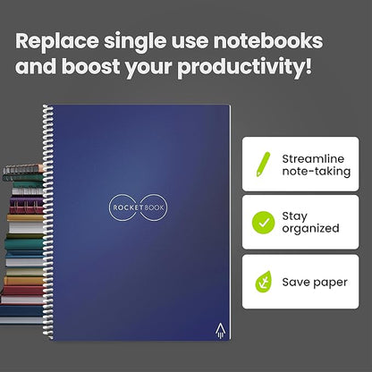 Rocketbook Core Reusable Spiral Notebook, Letter Size 8.5x11, Navy Blue - Lined Pages, App-Connected, Erasable, Durable Cover, Ideal for School, Work, and Creative Projects