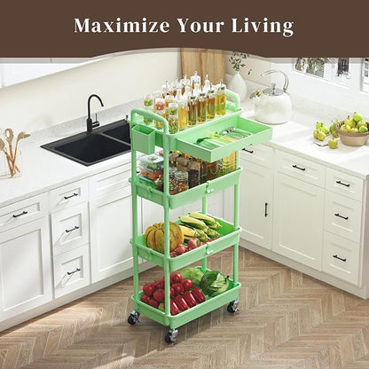 4 Tier Rolling Utility Cart with Drawer, Utility Storage Organizer with Plastic Shelf & Lockable Wheels Multifunctional Storage Cart for Kitchen, Bathroom, Office, Living Room, Green