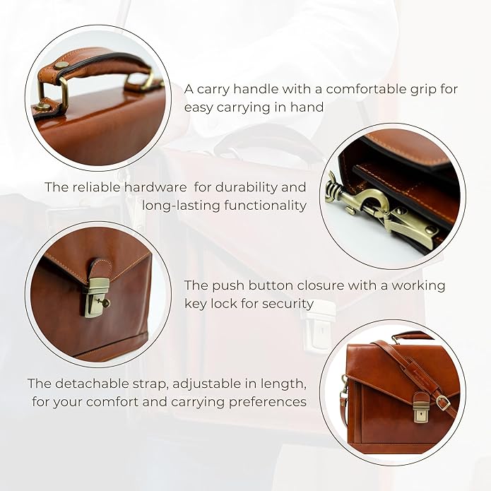 Time Resistance Leather Briefcase for Men - Business Laptop Bag - Italian Handmade Leather Bag - Attache - Gift Box Included