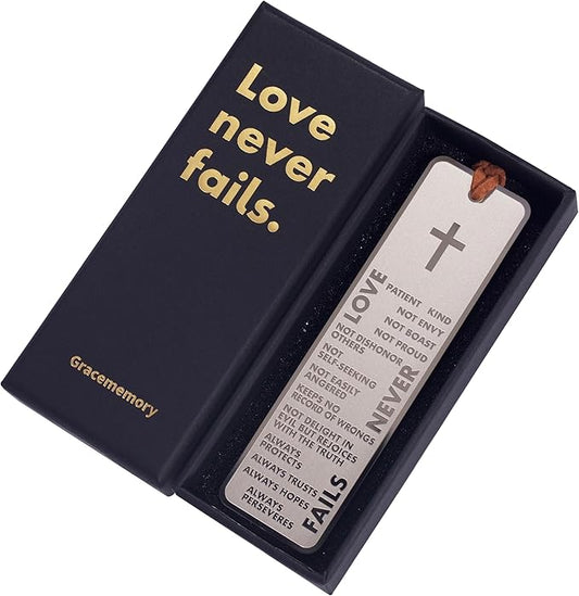Christian Bookmarks, Metal Bible Bookmark for Men Women Readers Book Lover, Christmas Gift, Giveaways for Sunday School, Christmas Gifts for Members of Church. (Love Never Fails)