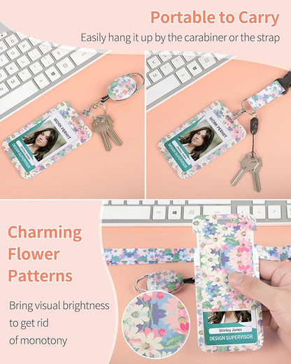 Uniclife Floral Sliding Badge Holder Wild Flower Plastic Case with Retractable Badge Reel Carabiner Clip & Detachable Lanyard Strap Fashionable Vertical Card Protector for Women Teacher Student