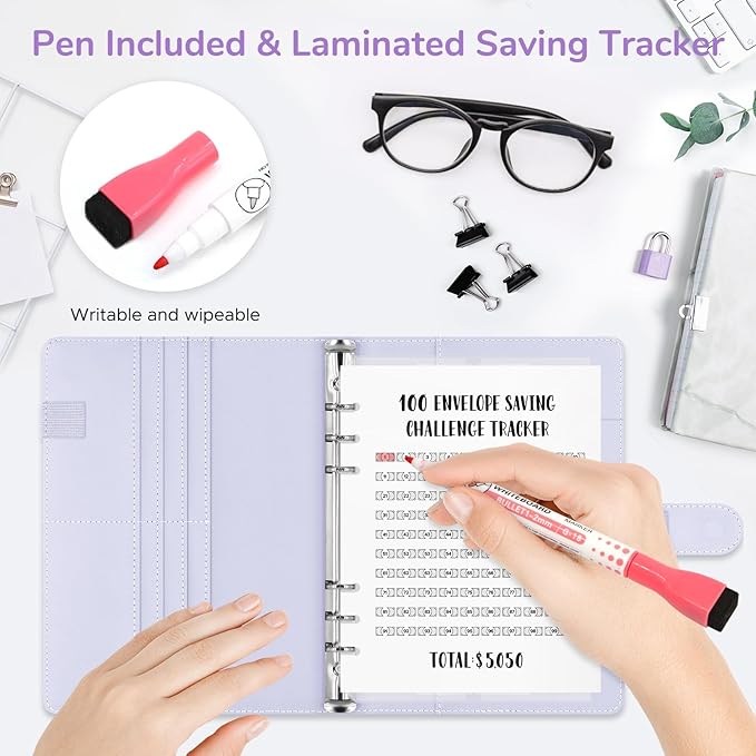 100 Envelopes Challenge Binder, A5 Money Saving Budget Binder with Upgraded Cash Envelopes & Pen, Budget Savings Challenge Book to Save $5,050, 3 Reusable Laminated Saving Challenge Tracker Included