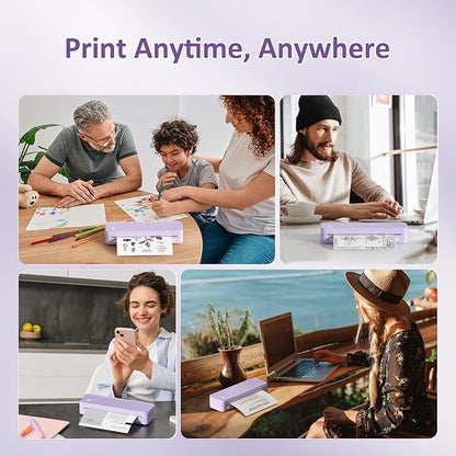 Inkless Portable Printer for Travel, Wireless Thermal Printer Supports 8.5 x 11 Inch US Letter Size, Bluetooth Machine Includes Carry Case and 3 Rolls of Thermal Paper Kit, Purple