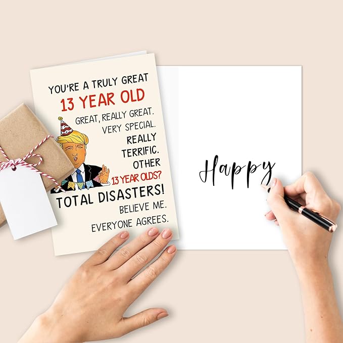 Funny Trump 13th Birthday Card for Boys Girls,Happy 13 Year Old Son Daughter Birthday Gift Ideas, 13th Bday Decorations for Him Her