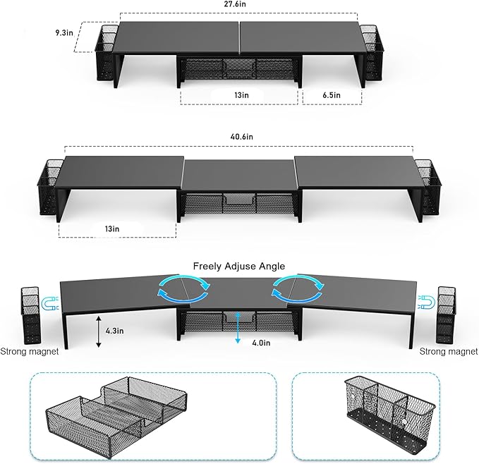 gianotter Dual Monitor Stand Riser, Desk Organizer With Drawer and 2 Pen Holders, Computer Monitor Stand, Desk Shelf for Top of Desk, Balck
