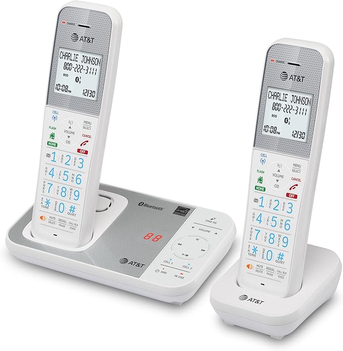 AT&T DAL75211 DECT 6.0 Cordless Home Phone with Smart Call Blocker, Bluetooth Connect to Cell, Digital Answering Machine, Full-Duplex Speakerphone, Expandable to 5 HS (White)