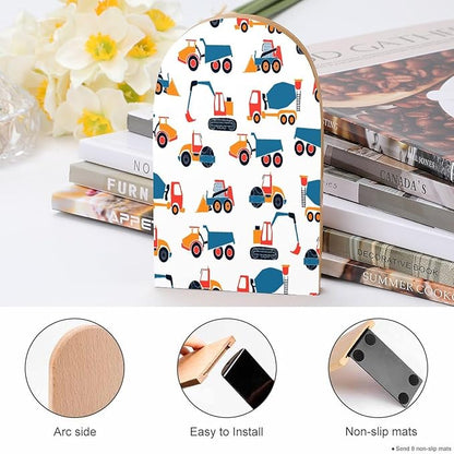 2 Pack Wood Bookends, Cars Excavators Pattern Non-Skid Book Ends for Heave Books, Decorative Bookends for Shelves Desk, Book Stoppers Book Holders for Home Office Library School