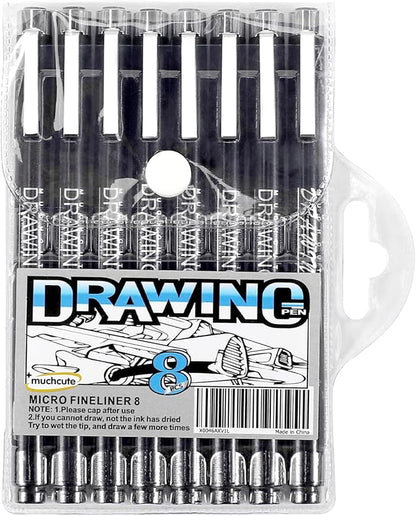 Muchcute Micro Fineliner Drawing Art Pens: 8 Black Fine Line Waterproof Ink Set Artist Supplies Archival Inking Markers Liner Professional Sketch Outline Crafts Sketching Watercolor Zentangle Stuff