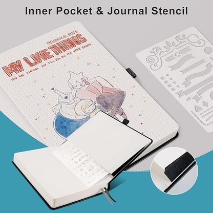 EMSHOI Bullet Dotted Journal Notebook - 320 Pages, 100gsm Thick Paper, A5 Hardcover Leather, Dot Grid Notebook for Women Men Work Writing, Bullet Journaling, Drawing, 5.75 x 8.38, Black